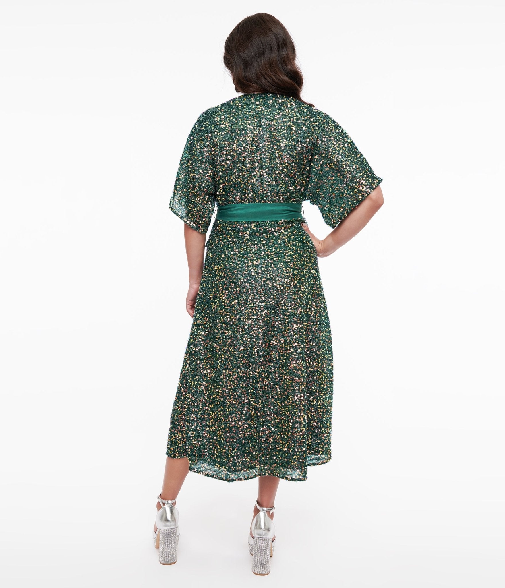 Unique Vintage 1960s Green Sequin Wrap Midi Dress - Unique Vintage - Womens, DRESSES, MIDI