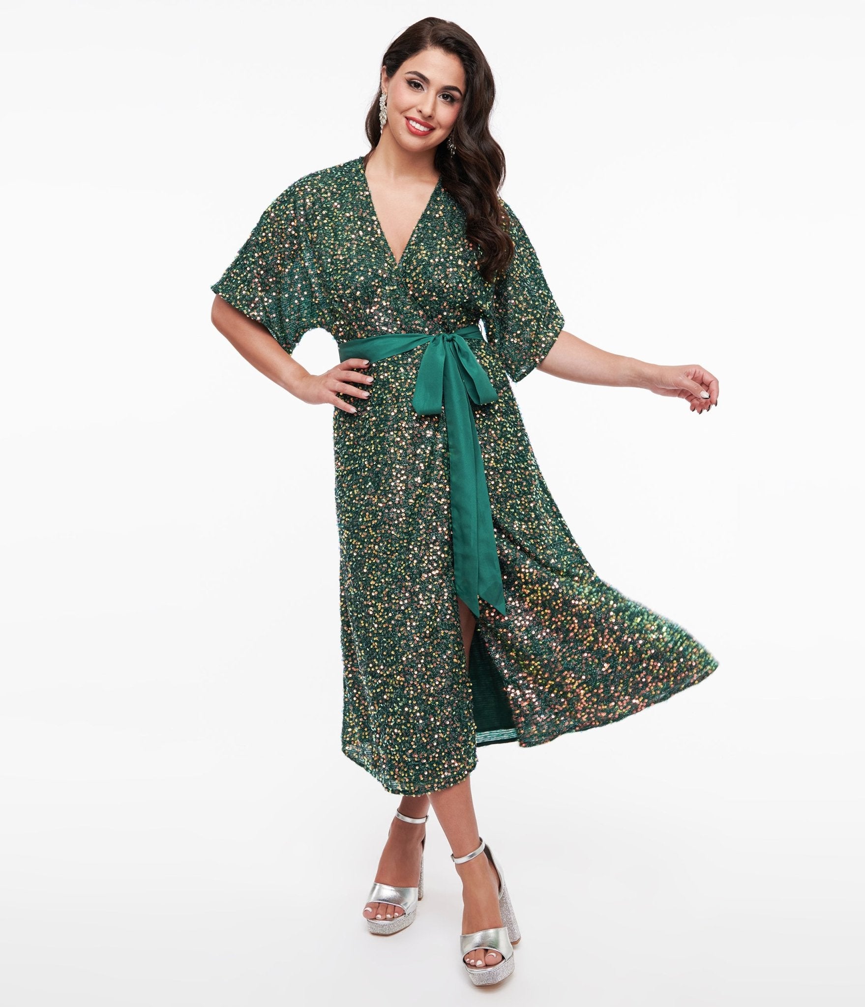 Unique Vintage 1960s Green Sequin Wrap Midi Dress - Unique Vintage - Womens, DRESSES, MIDI